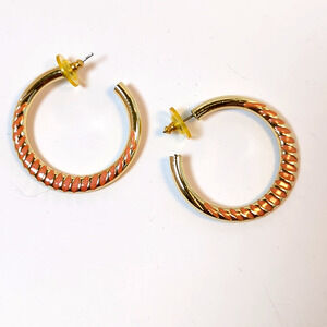 Vintage Gold Tone Coral Enamel Hoop Earrings | Textured Rope | 1.5in